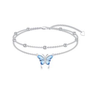 Diamond Butterfly Anklets 925 Sterling Silver Blue Buttefly Double Layer Anklets Bracelet Jewelry Gifts for Women Daughter Friends, 9'' + 2''