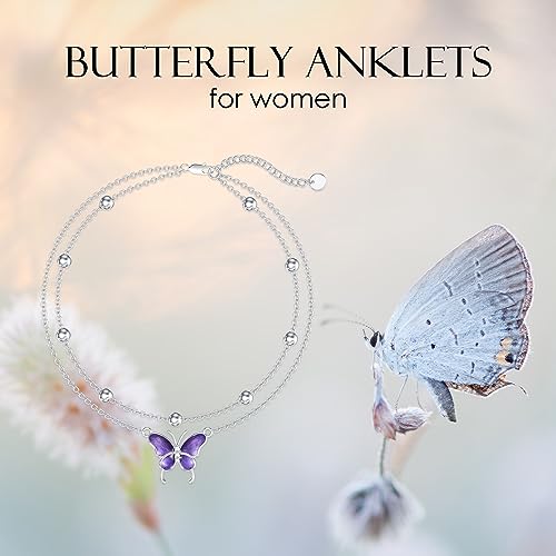Diamond Butterfly Anklets for Women 925 Sterling Silver Animal Lover Double Layer Ankle Bracelet Jewelry Gift for Mom Wife Sister Friend,9"+2" - Image 7