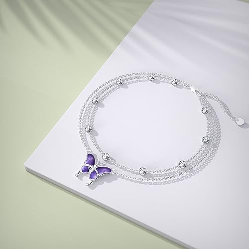 Diamond Butterfly Anklets for Women 925 Sterling Silver Animal Lover Double Layer Ankle Bracelet Jewelry Gift for Mom Wife Sister Friend,9"+2" - Image 4
