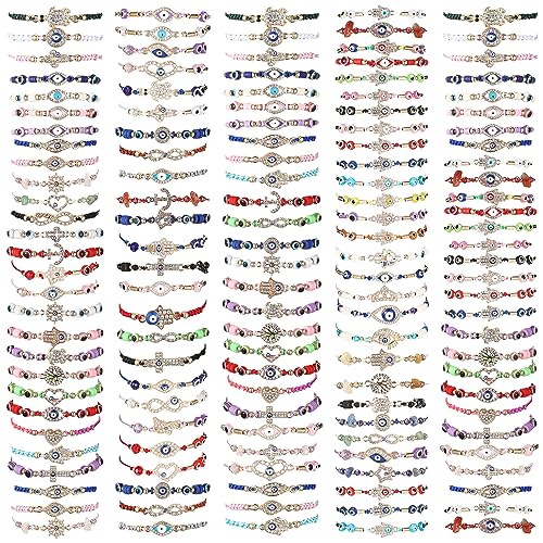 Hestya 150 Pcs Evil Eye Bracelets Mexican Bracelets Pack Luck Eye Charm Hand Braided Rope Anklets Jewelry Gift for Women Christmas Party